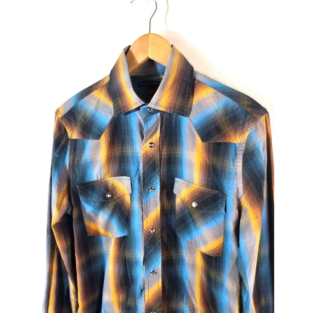 Banana Republic Pearl Snap Western Plaid Shirt Men’s Small Blue Yellow Long